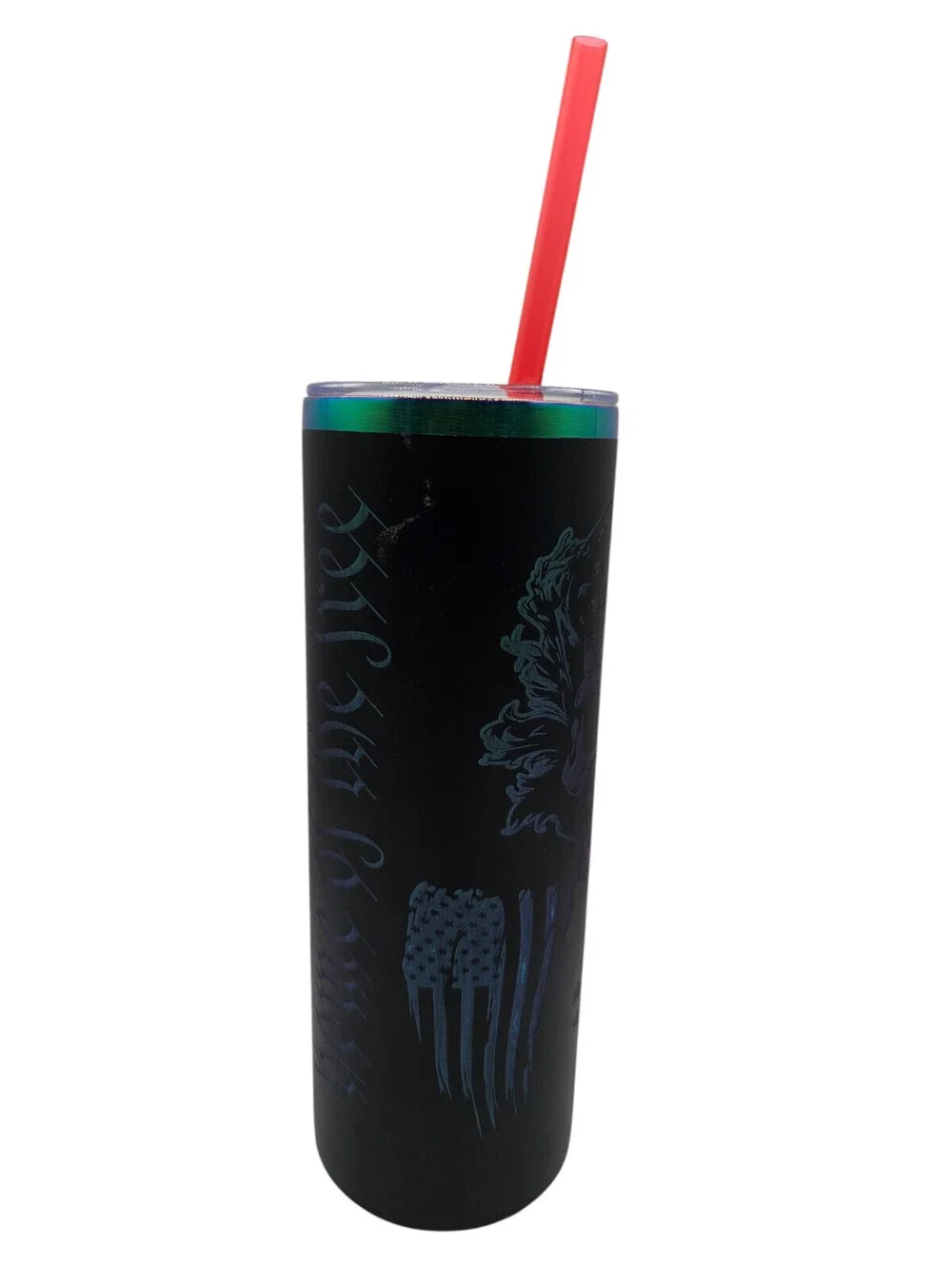 20 oz stainless steel tumbler features a laser-engraved patriotic skull design